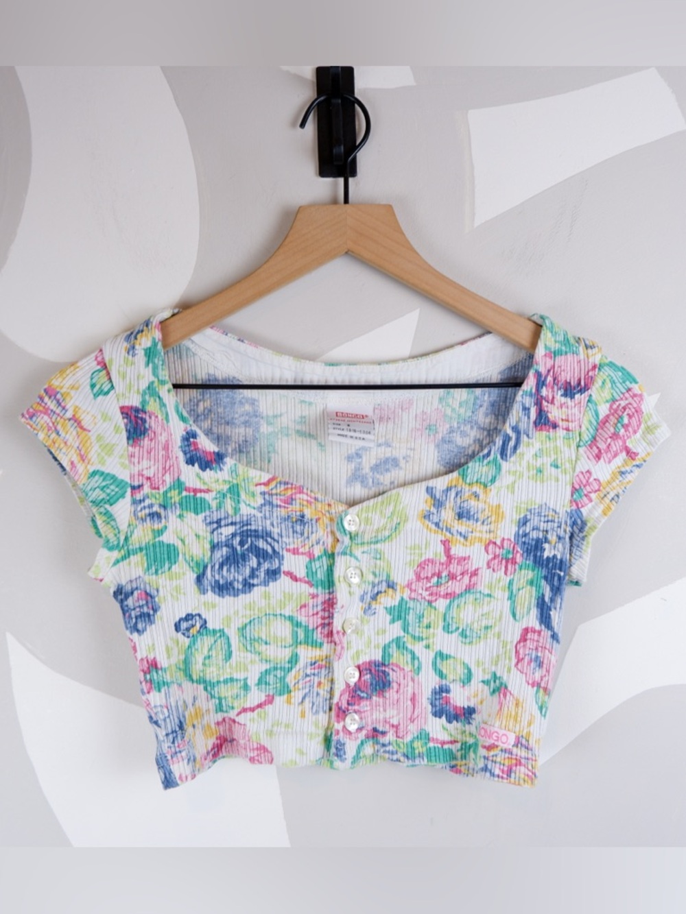 Bongo 90's Vintage 100% Cotton Floral Ribbed Crop Top | M